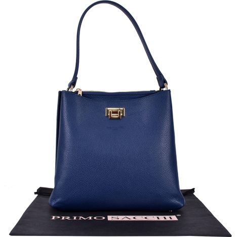 front showing the gold metal twistlock ona womens dark blue large grab bag tote and shoulder bag