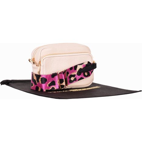 womens small cream leather shoulder & crossbody bag with detachable wide pink leopard print strap