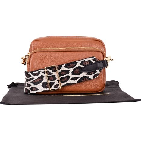 Dina - Small Tan Shoulder Crossbody Bag- Leopard Print Strap