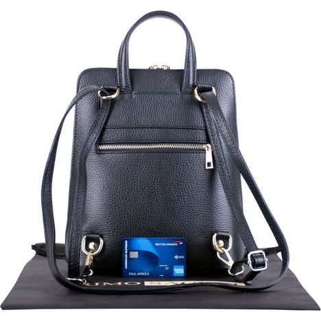 primo sacchi romana black italian textured leather backpack shoulder crossbody and grab bag rear showing rear zipped pocket pull through straps and bank card for size guide