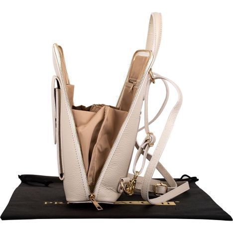 primo sacchi romana cream italian textured leather backpack shoulder crossbody and grab bag open from the side showing the beige material gusseted sides