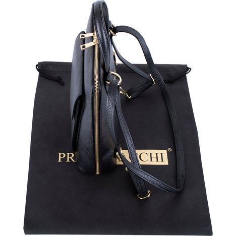 primo sacchi romana black italian textured leather backpack shoulder crossbody and grab bag from above and the side showing the gold metal full base to bas zip