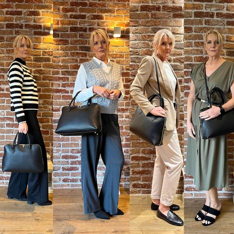 a womens large black italain leather grab being modelled in 4 ways of wearing the bag