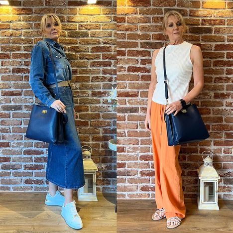 dark blue italian leather large tote bag modelled crossbody and shoulder with an extra strap