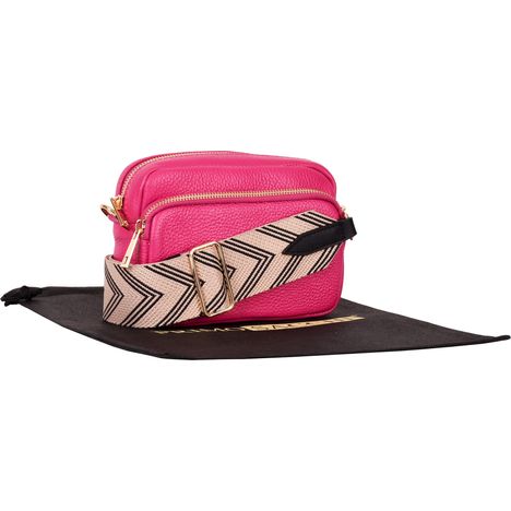 womens small pink leather shoulder & crossbody bag with detachable wide beige & black chevron strap