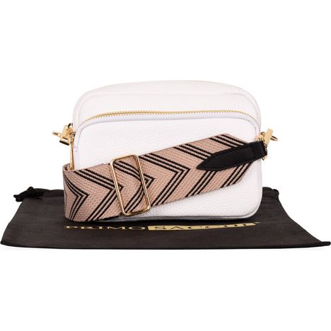 Dina - Small White Shoulder Crossbody Bag-Beige & Black Chevron Strap