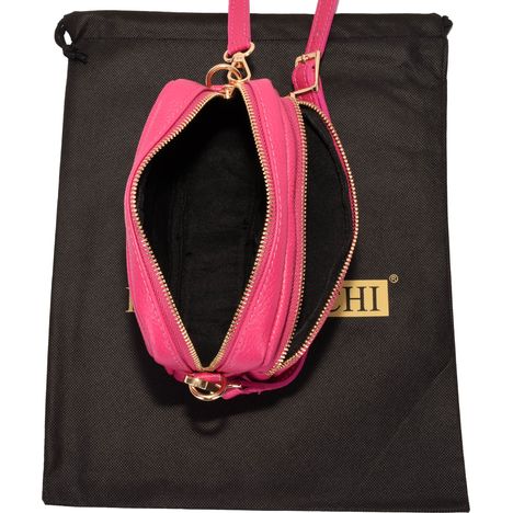 above an open fuchsia pink small italian leather shoulder crossbody bag
