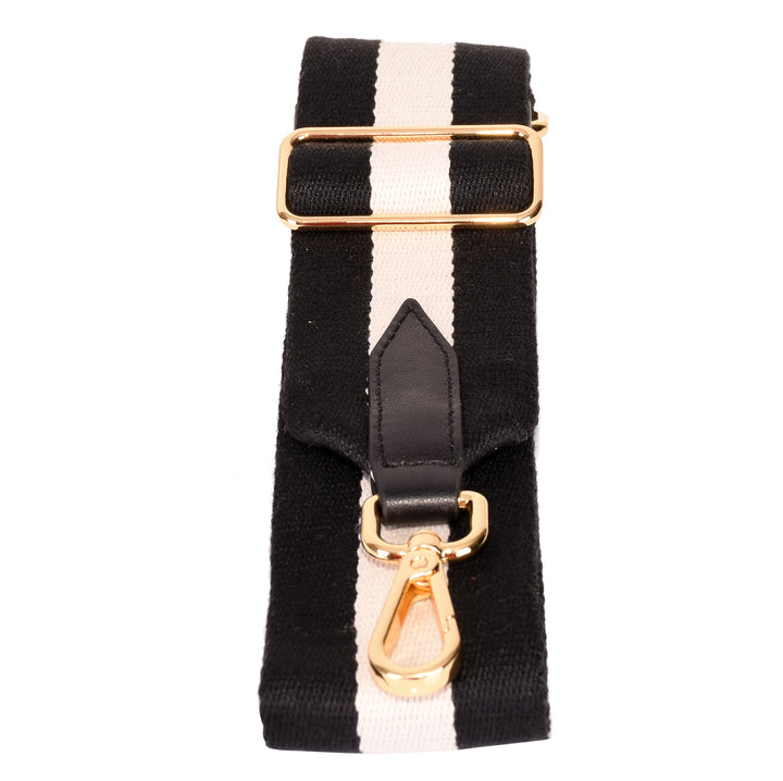 wide black & white stripe bag shoulder strap with gold metal clips and sliding buckle