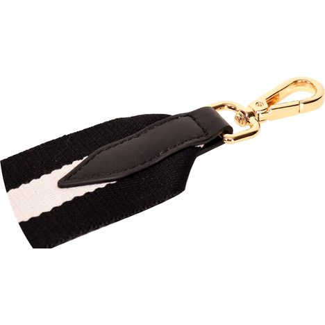 close up of leather connector and chunky gold metal clip on a black & white shoulder bag wide strap