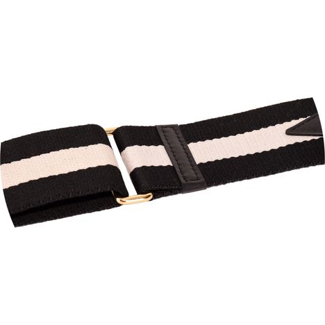 close up of the gold metal sliding buckle on a black & white stripe wide handbag strap