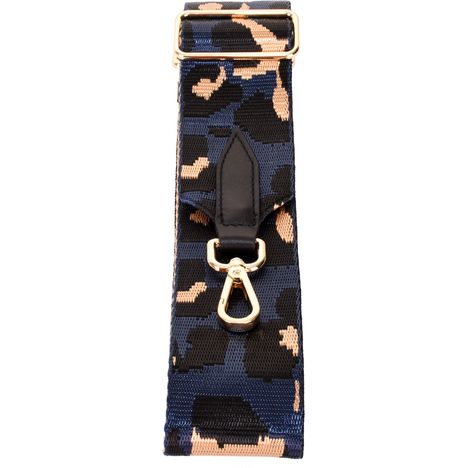 blue leopard print wide shoulder & crossbody bag strap with gold metalware
