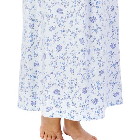 bottom part of an ankle length womens winter nightdress in soft brushed cotton blue floral print 