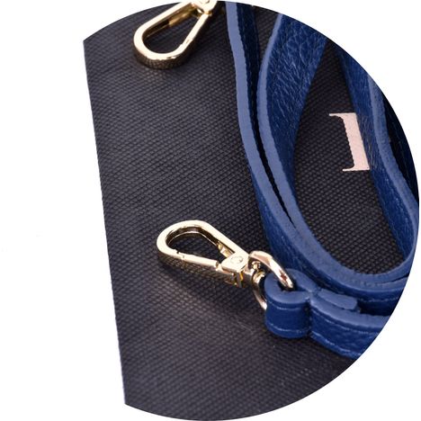 close up of the chunky gold metal clips on a blue leather shoulder crossbody strap