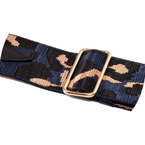 close up of gold metal sliding buckle on a blue leopard wide shoulder & crossbody bag strap