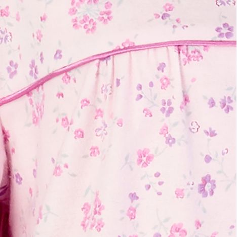 the pintick details under the straight satin piped yoke on a womens winter pink cotton nightdress