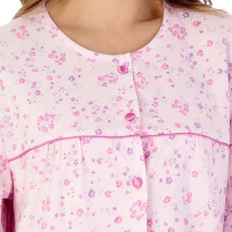 satin covered buttons and straight yoke on a womens crean floral brushed cotton winter nightdress