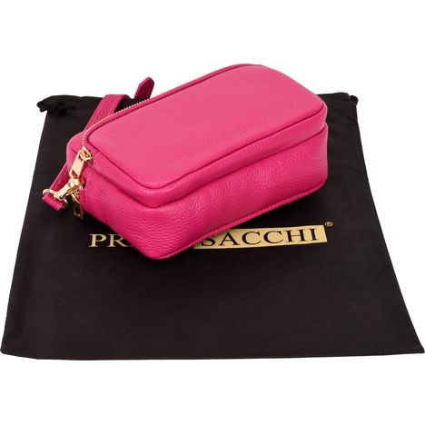 base and side view from above of a womens small fuchsia pink leather hand bag