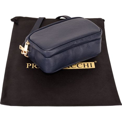 base and side view from above of a womens small navy blue leather hand bag