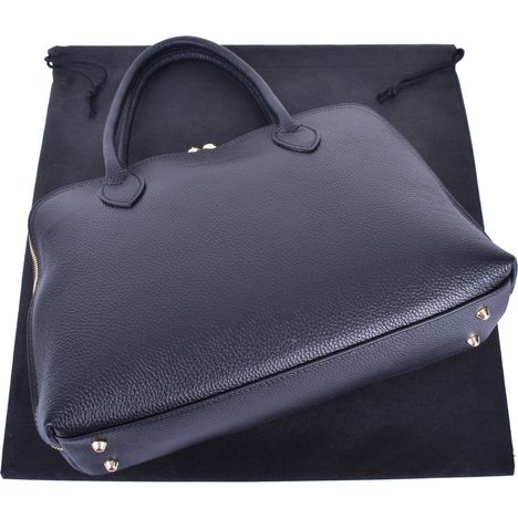 view of the base and above of a ladies large top handle black italian leather handbag