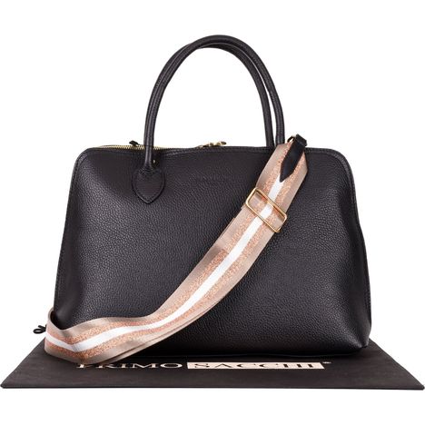 Women's black large bowling style shoulder bag with beige and rose gold stripe strap
