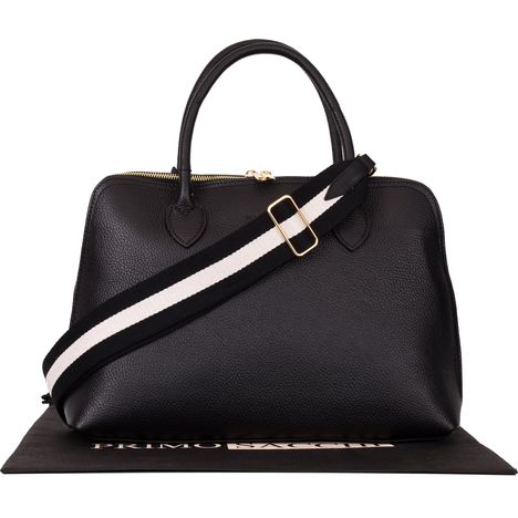 large bowling style black italian leather double handle bag with wide black & white stripe strap