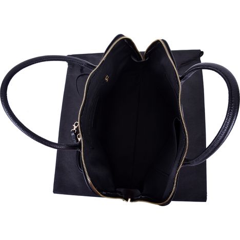 view from above of an open womens large double handle grab bag with black interior