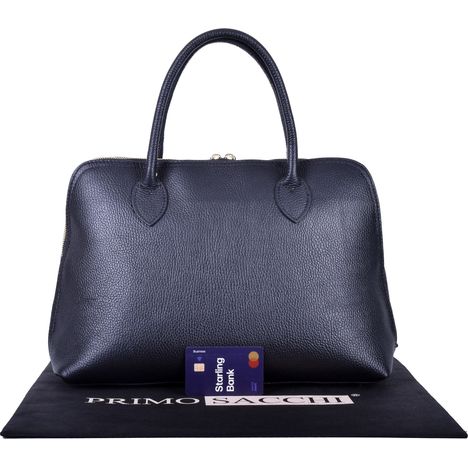 rear view with a credit card to show size of a womens large black italian leather grab bag