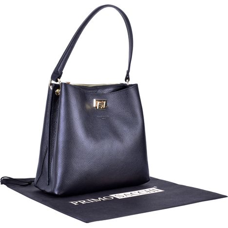 side and front angled view of a womens large black italian leather tote and shoulder bag