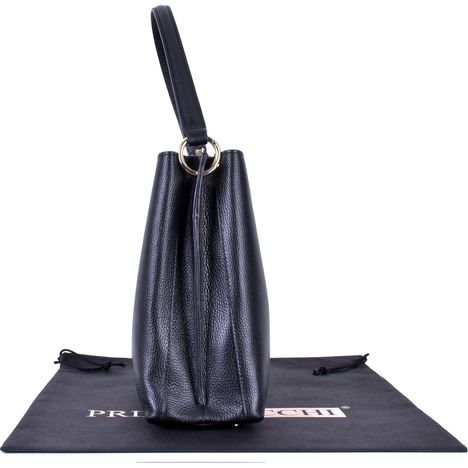 side view of a luxury black italian leather tote grab bag with removeable handle 
