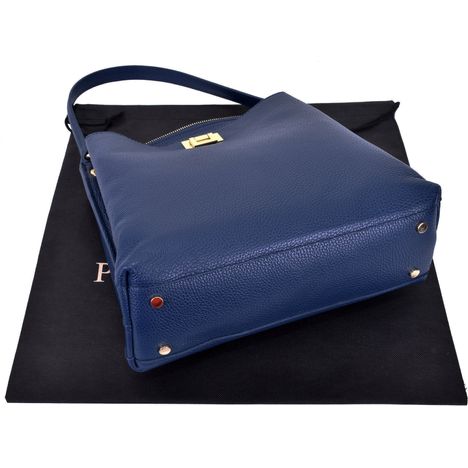 view of the base and front from above of a ladies dark blue leather large tote bag