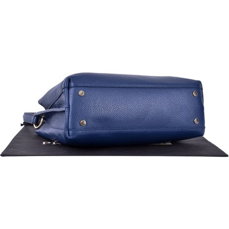 base of a ladies blue italian leather handbag with four small gold metal studs 