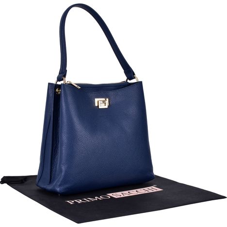side and front view of a ladies large dark blue italian leather grab shoulder bag gold metal work