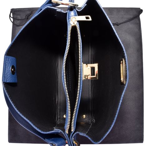 view from above showing the three compartments of a womens large dark blue leather tote bag 