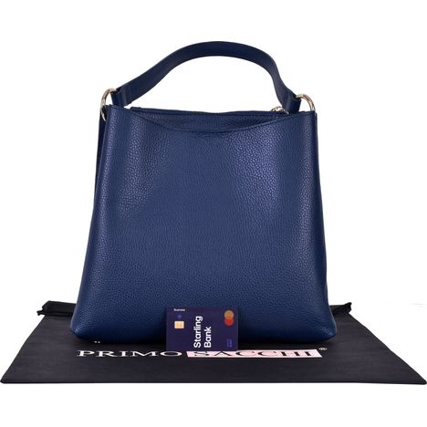 rear view with a credit card for size guidance of a ladies large dark blue italian leather handbag