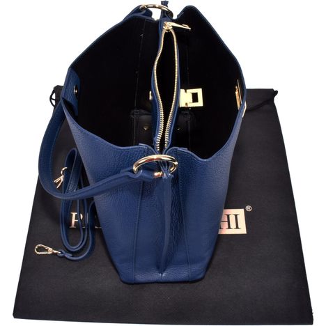 above and side view showing the three compartments in a ladies large leather tote bag in dark blue