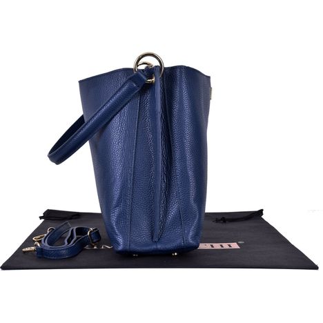 side view of an open womens dark blue italian leather large grab bag chunky gold metal strap ring 