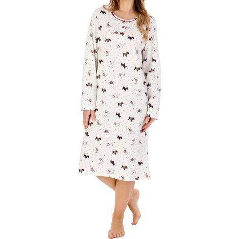 knee length cream cotton nightdress with scottie dog pattern round neck & long sleeves