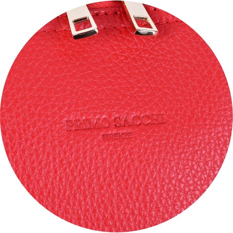 close up of the embossed logo in a ladies bright red large handbag made of italain leather