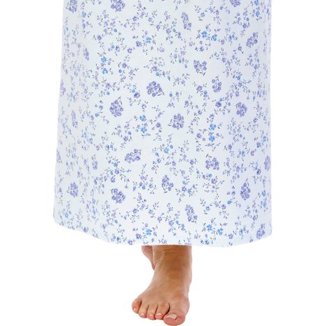 shows the ankle length of pale blue winter nightdress with small floral pattern for older women