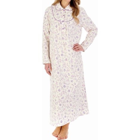older womens cream floral winter nightdress in soft brush cotton long sleeves ankle length