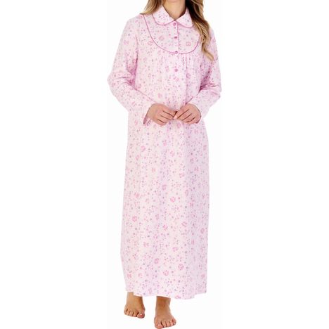 elderly ladies luxury winter soft brushed cotton nightdress in pale pink & small flowers