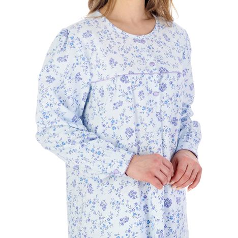 top half of a womens blue floral brushed cotton winter long sleeve nightdress