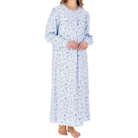elderly ladies luxury winter soft brushed cotton ankle length nightdress pale blue with round neck 