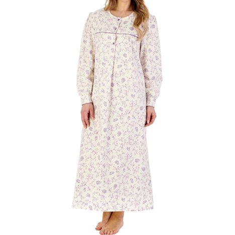 elderly ladies luxury winter soft brushed cotton ankle length nightdress pale cream with round neck 