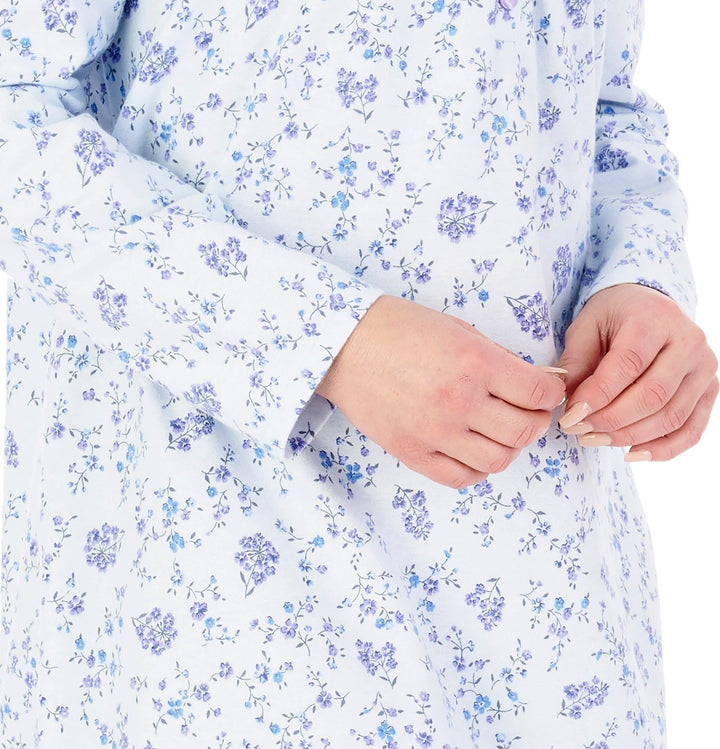 long sleeves on a older womans blue floral soft cotton winter nightdress