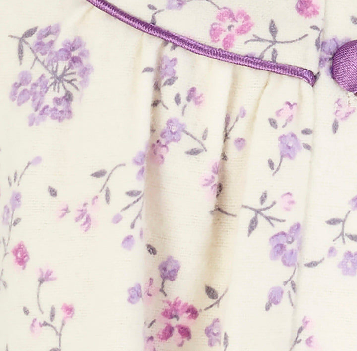 close up of the pintuck detailing on a womens cream floral soft cotton winter nightdress