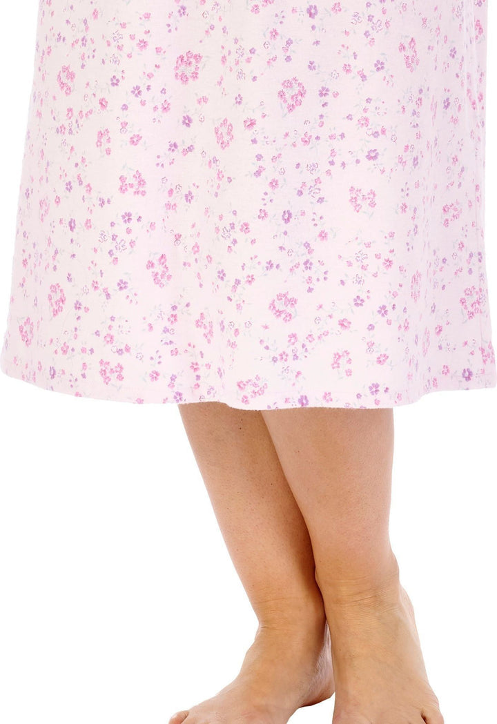 shows the calf length of pink winter nightdress with small purple floral pattern for older women