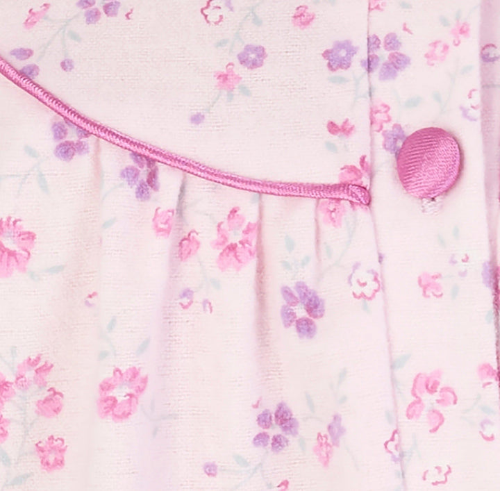 close up of the pintuck detailing on a womens pink floral soft cotton winter nightdress
