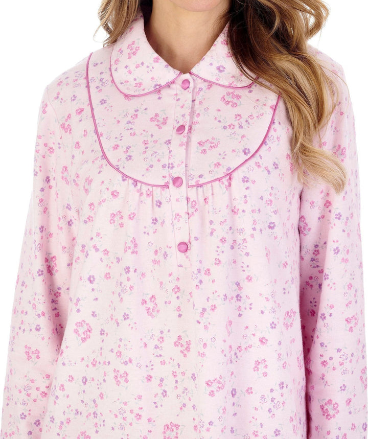 collar yoke and buttons on elderly ladies luxury winter soft brushed cotton pink nightdress