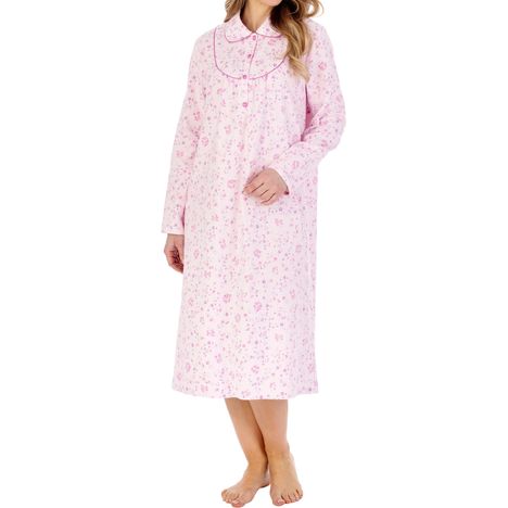 elderly ladies luxury winter soft brushed cotton nightdress in pale pink & small flowers calf length